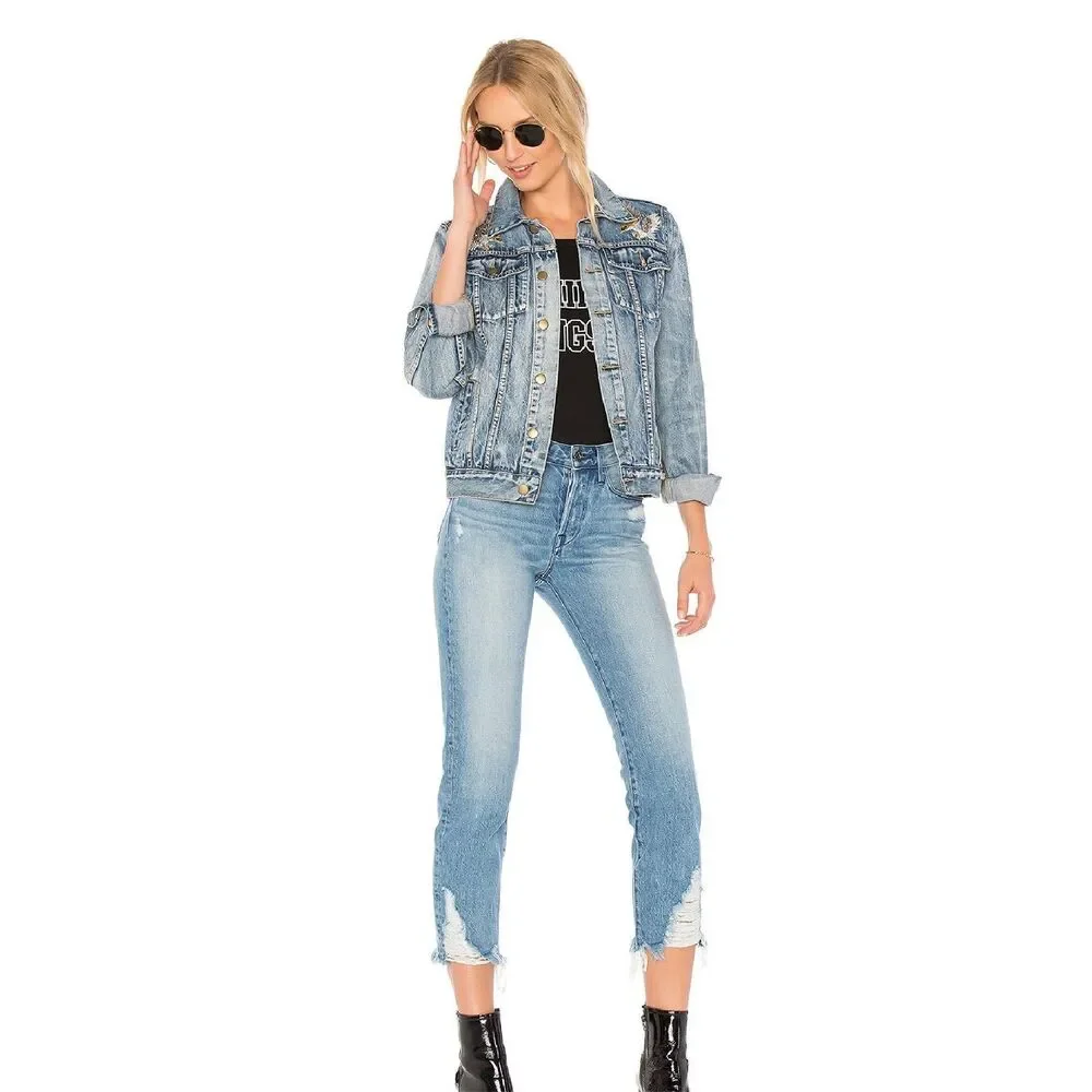 Pam & Gela Statement Embroidered Denim Jacket Vintage Blue Size S - Picture 3 of 12